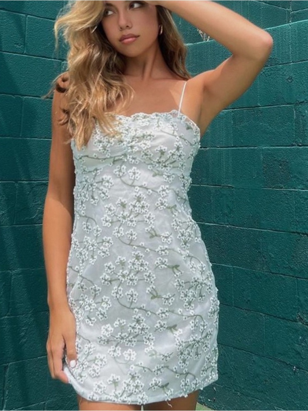 12th Tribe White Flower Embroidered Spaghetti-Strap Dress Croatian Coast Medium